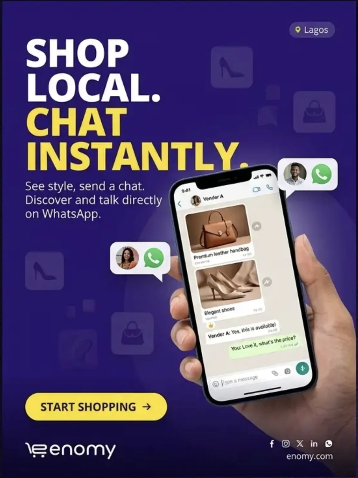 Reference hand holding a phone with products shared in a WhatsApp conversation