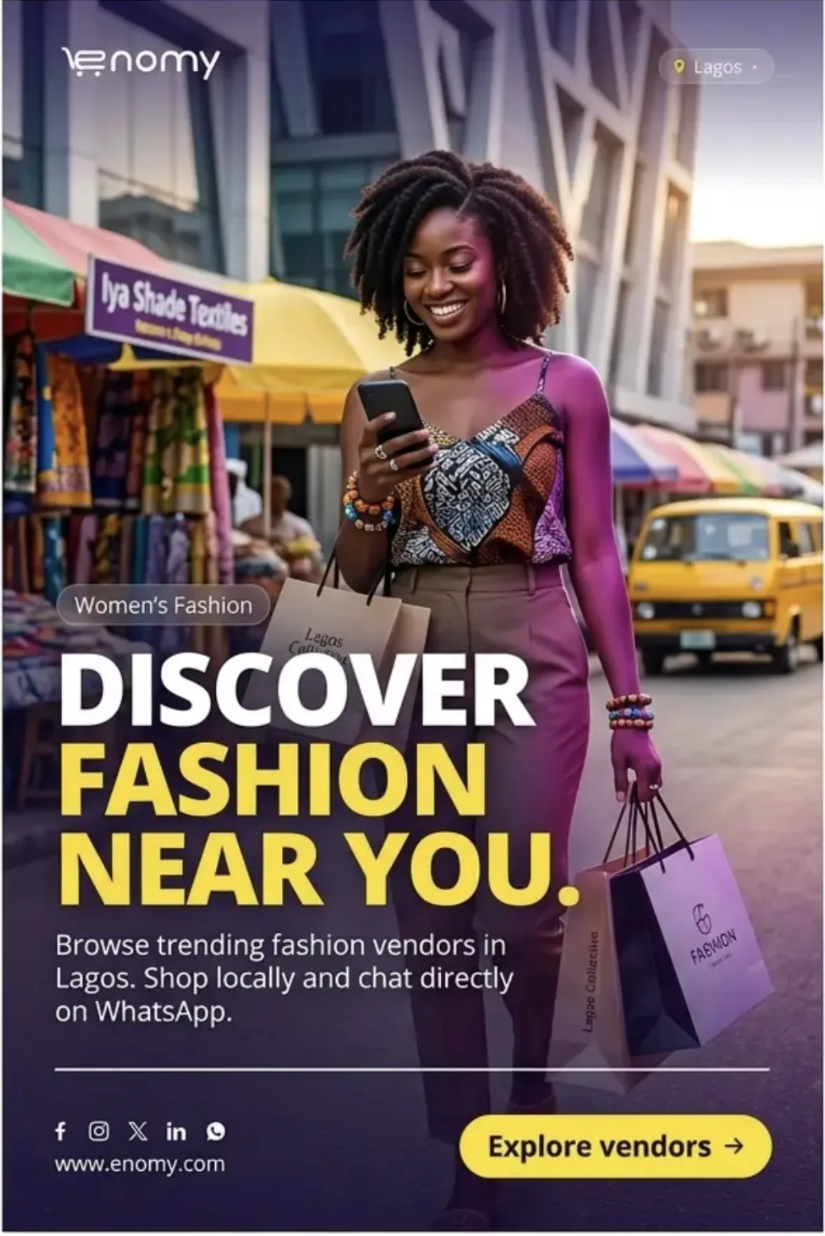 Reference shopper in Lagos market street with danfo bus