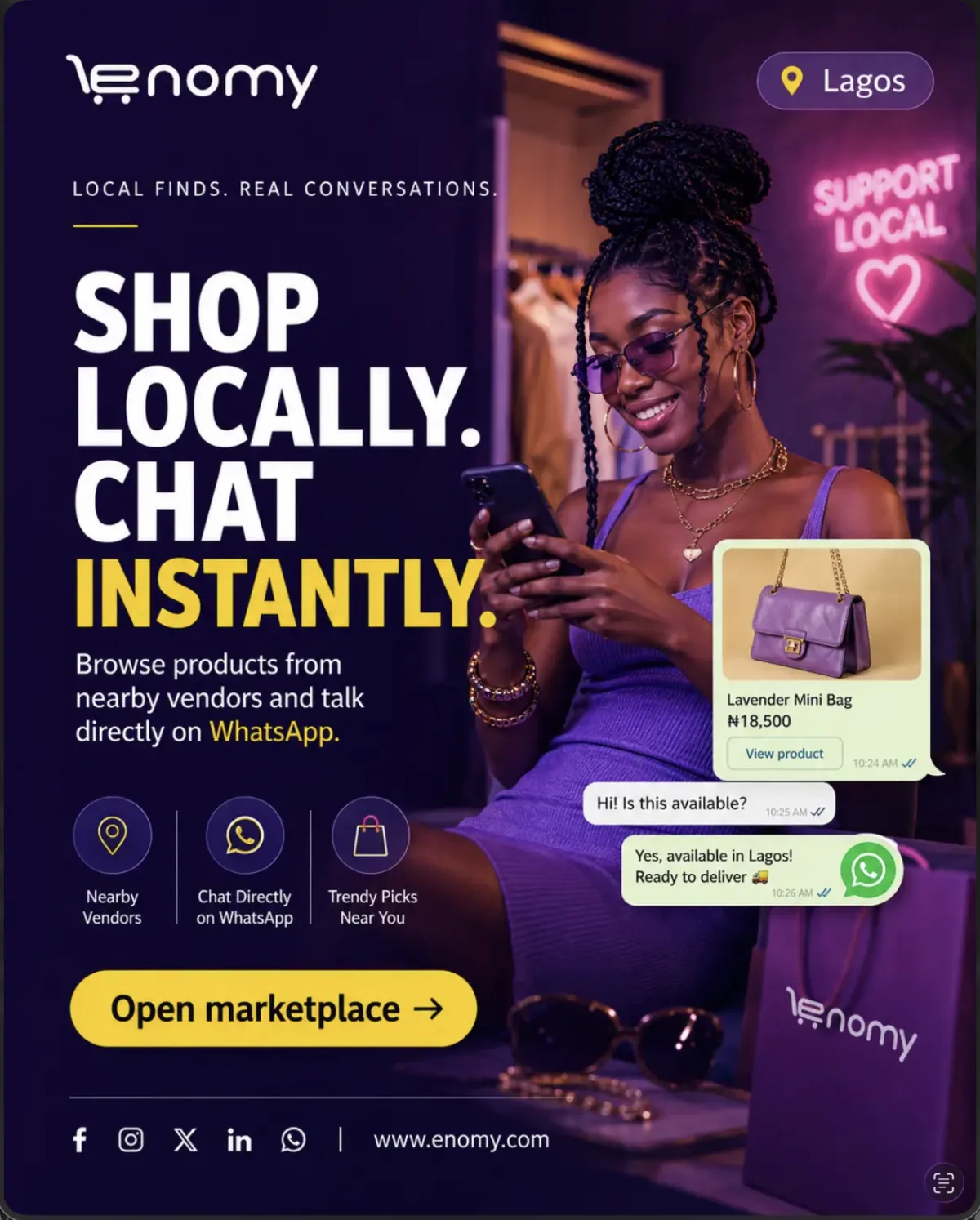 Reference lifestyle fashion portrait with product and WhatsApp conversation overlay