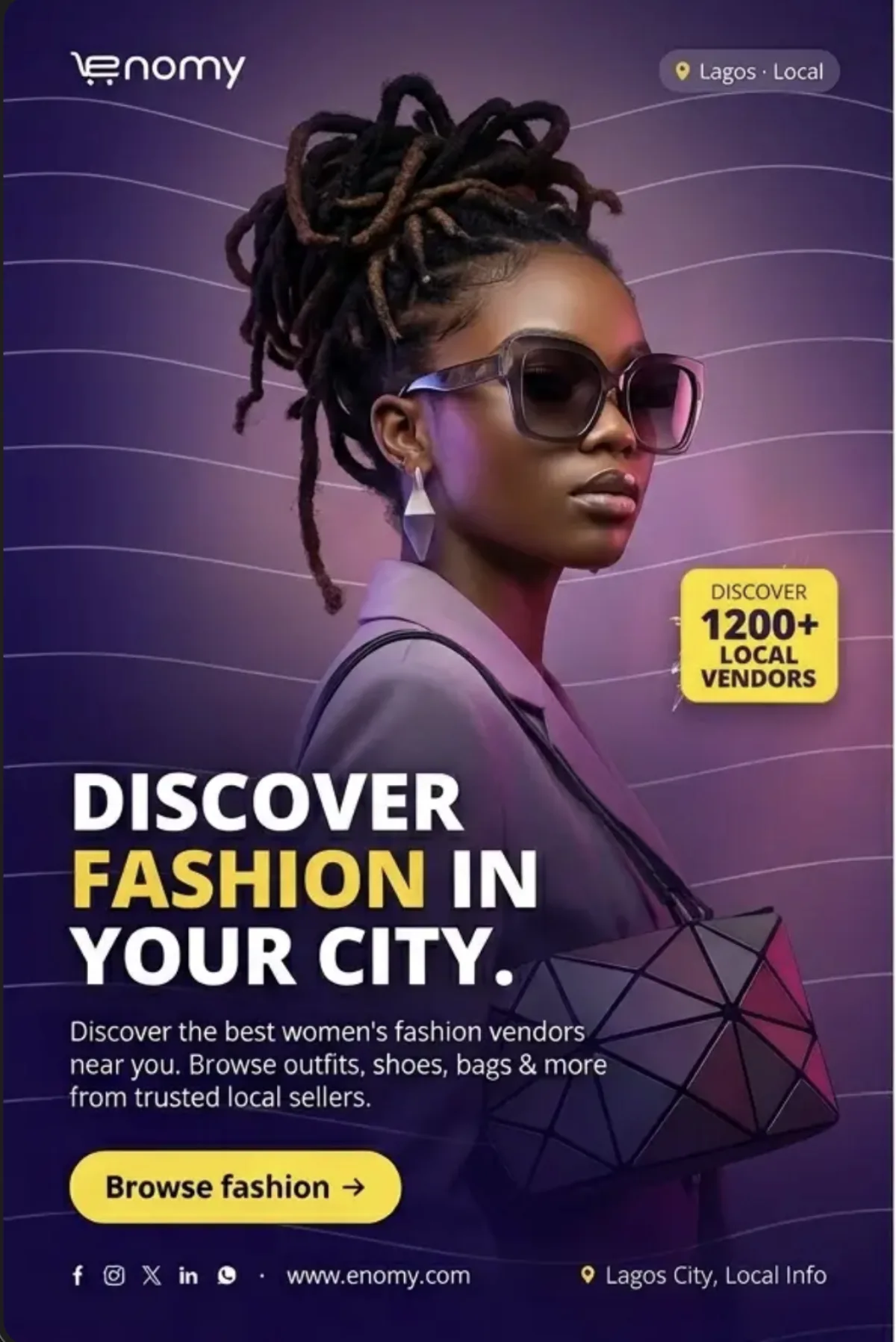 Reference accessory portrait with locs sunglasses and geometric handbag