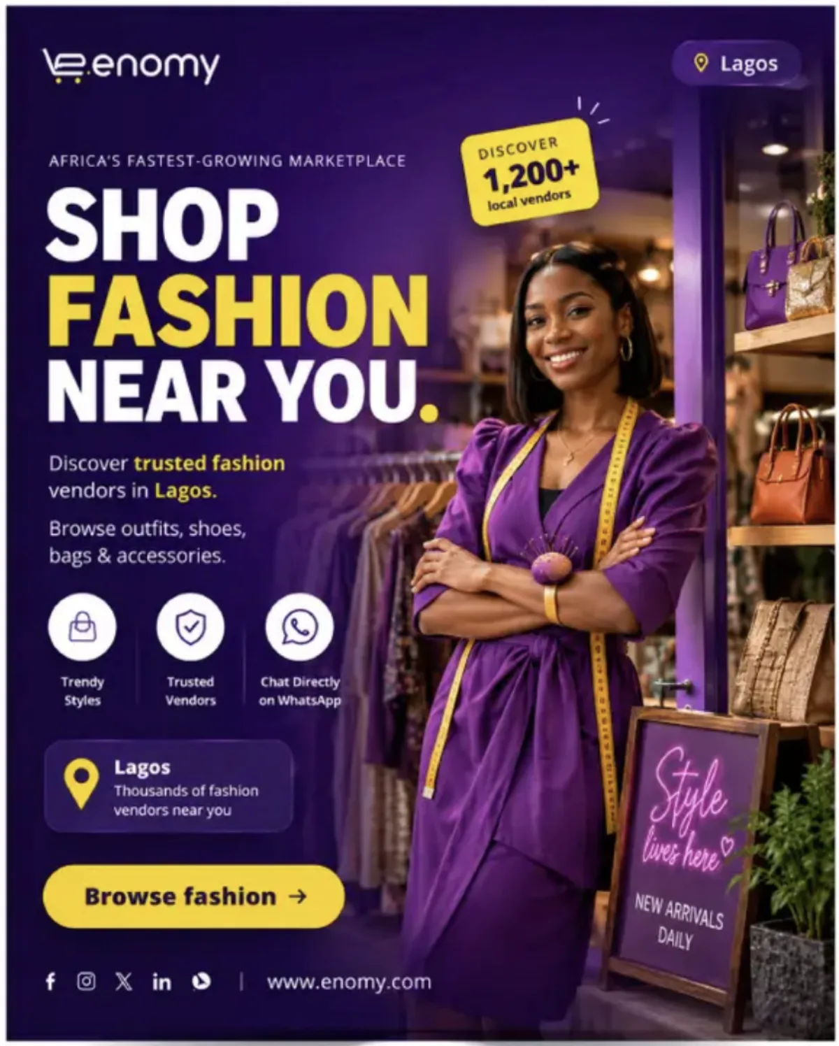 Reference fashion vendor creative with restrained yellow and boutique background