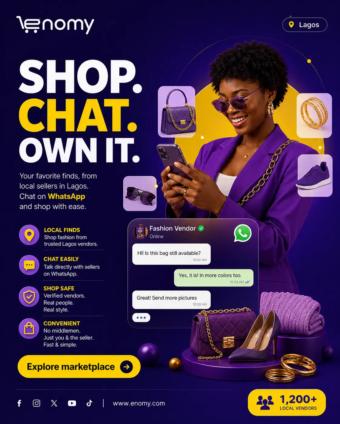 Reference creative reading Shop Chat Own It with a Lagos shopper and product collage