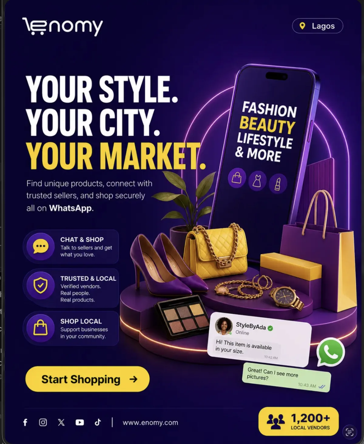 Reference product creative with WhatsApp module at bottom right